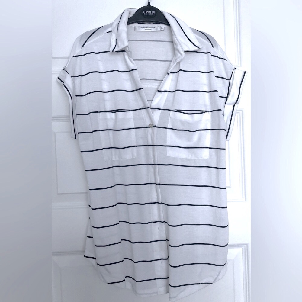 Black and white striped shirt with front pocket and buttons, size S